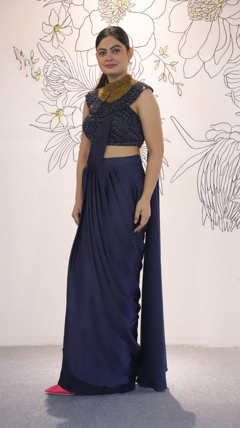 Navy Blue Color Satin Draped Saree With Fancy Cut Dana Embellished Cape Blouse For Party Wear (D40)