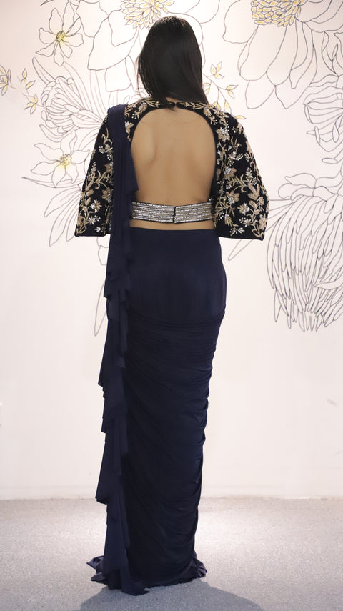 Navy Blue Color Lycra Draped Saree With Embroidered Velvet Blouse For Party Wear (D52)