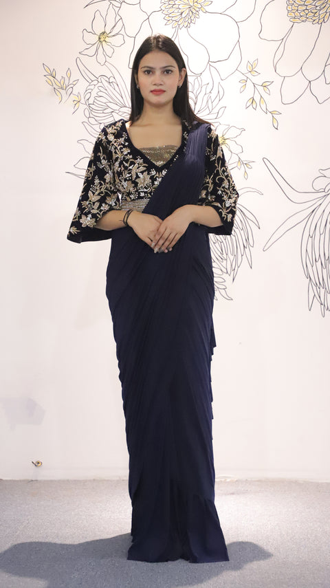 Navy Blue Color Lycra Draped Saree With Embroidered Velvet Blouse For Party Wear (D52)