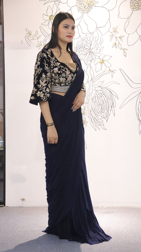 Navy Blue Color Lycra Draped Saree With Embroidered Velvet Blouse For Party Wear (D52)