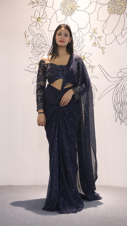 Draped Navy-Blue Saree With Beautiful Sheer Neck Blouse For Party Wear (D36)