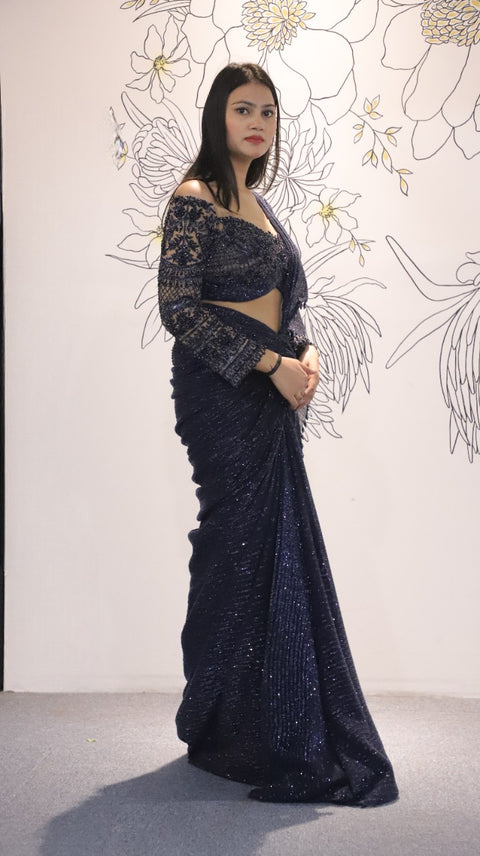 Draped Navy-Blue Saree With Beautiful Sheer Neck Blouse For Party Wear (D36)