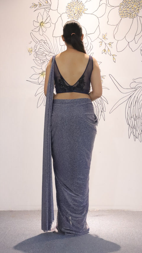 Grey Color Simmer Lycra Draped Saree With Embroidered Blouse For Party Wear (D39A)