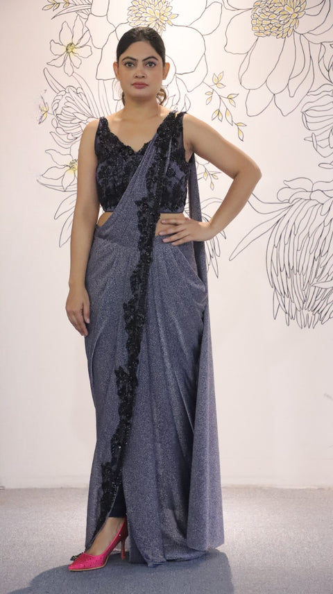 Grey Color Simmer Lycra Draped Saree With Embroidered Blouse For Party Wear (D39A)