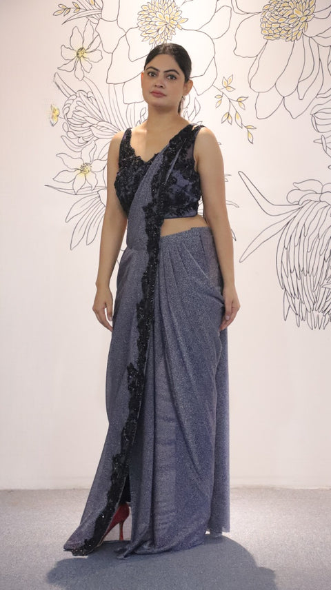 Grey Color Simmer Lycra Draped Saree With Embroidered Blouse For Party Wear (D39A)
