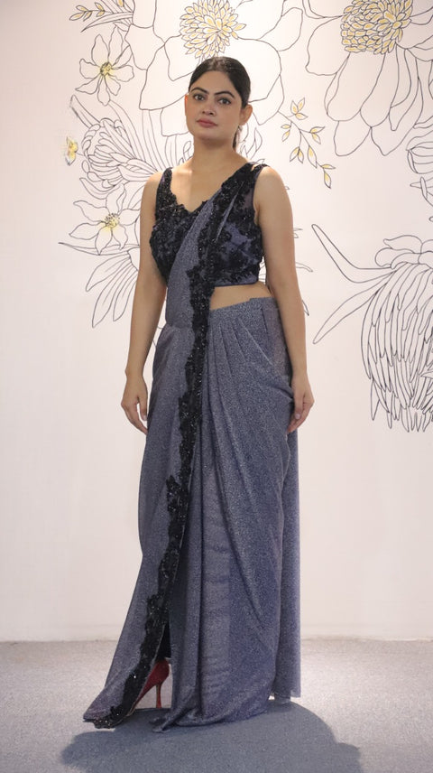 Grey Color Simmer Lycra Draped Saree With Embroidered Blouse For Party Wear (D39)