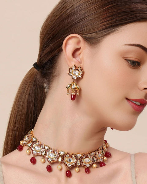 Designer Gold Plated Royal Kundan Necklace With Earrings (D565)