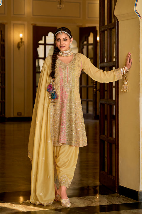 Designer Yellow Color Embroidered Readymade Salwar Suit in Chinon (D1056)
