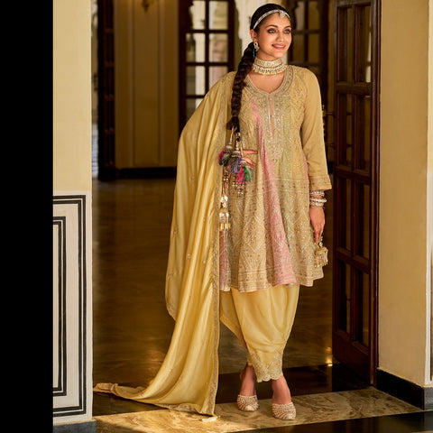 Designer Yellow Color Embroidered Readymade Salwar Suit in Chinon (D1056)