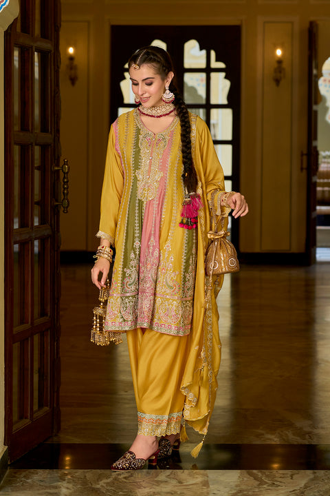 Designer Yellow & Green Color Embroidered Readymade Salwar Suit in Chinon (D1057)