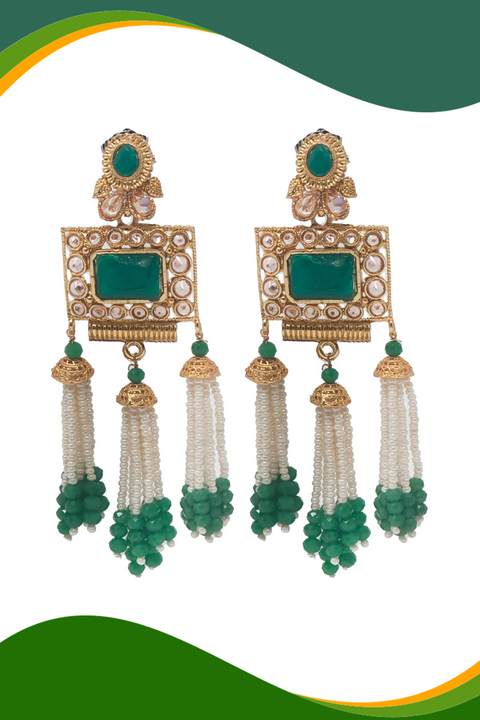 Bejeweled and Beaded Golden Earrings in Green