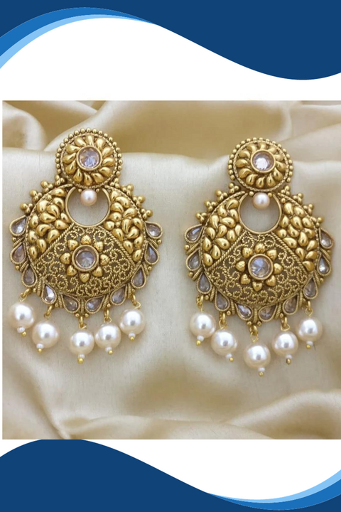 Golden Engraved Earrings with Pearls (E395)