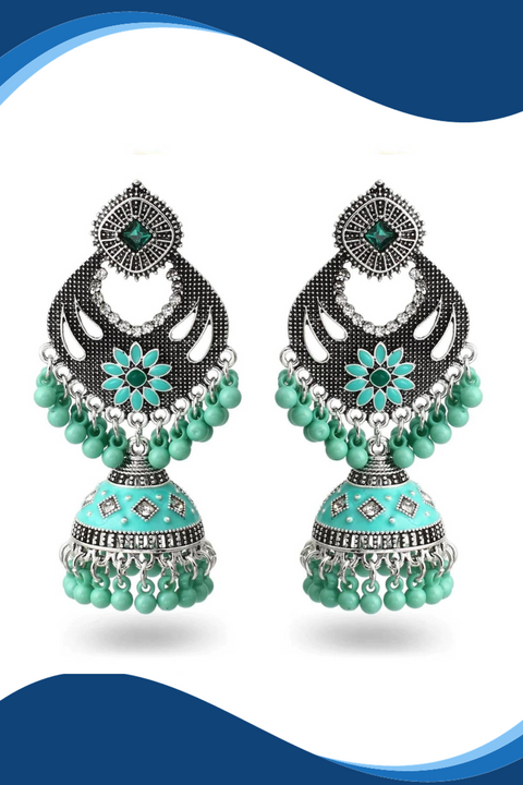 Traditional Style Oxidized Earrings with Green Beads for Casual Party (E606)
