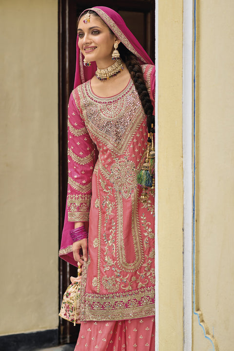 Designer Pink Color Suit with Palazzo & Dupatta in Chinon (D1061)