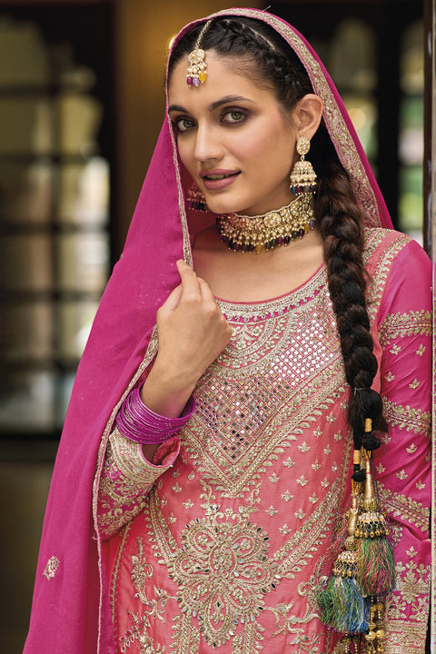 Designer Pink Color Suit with Palazzo & Dupatta in Chinon (D1061)
