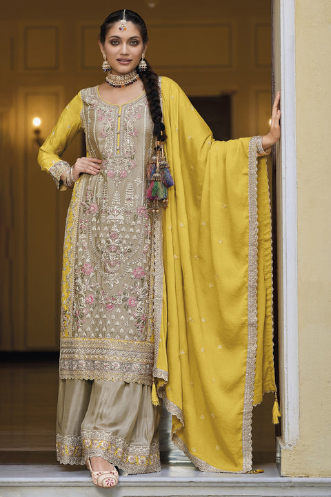 Designer Grey & Yellow Color Suit with Palazzo & Dupatta in Chinon (D1062)