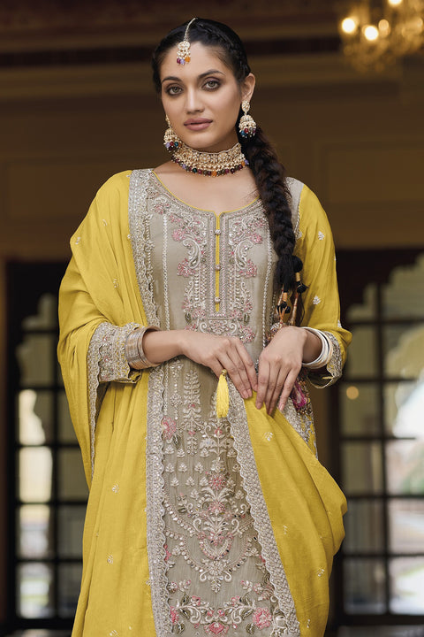 Designer Grey & Yellow Color Suit with Palazzo & Dupatta in Chinon (D1062)