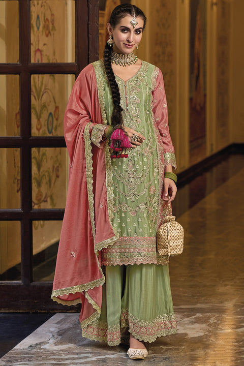 Designer Pistachio Green & Pink Color Suit with Palazzo & Dupatta in Chinon (D1063)