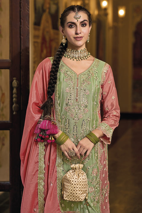 Designer Pistachio Green & Pink Color Suit with Palazzo & Dupatta in Chinon (D1063)