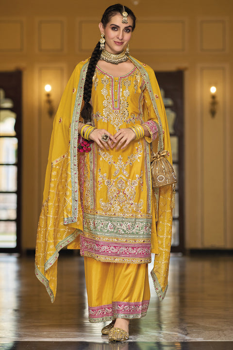 Designer Yellow Color Suit with Palazzo & Dupatta in Chinon (D1064)