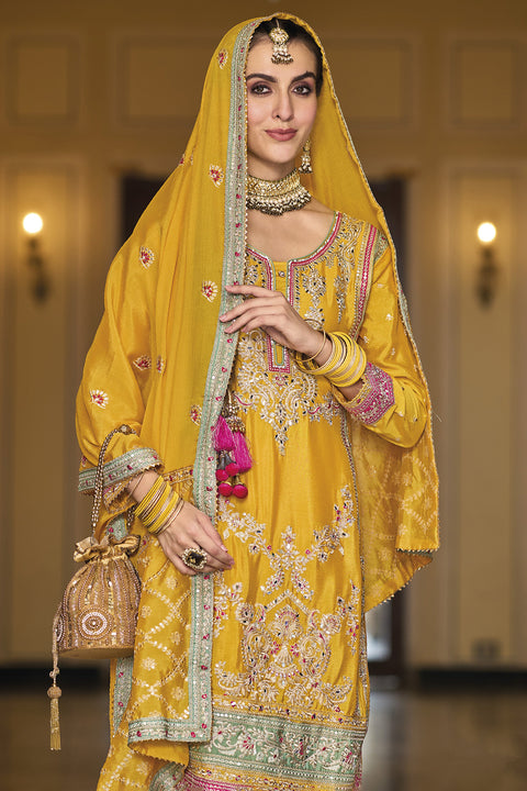 Designer Yellow Color Suit with Palazzo & Dupatta in Chinon (D1064)