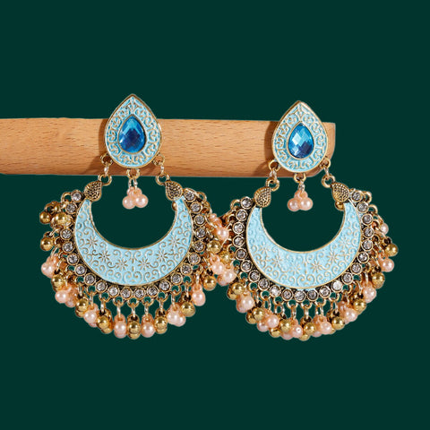 Golden Bohemian Chandbali Carved Floral Earrings with Pearls (E910)