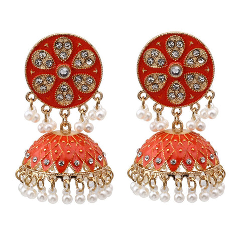 Traditional Red Golden Jhumki with Pearls & Crystals