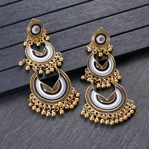 Long Dangle Circular Golden Beads Earrings (E836)