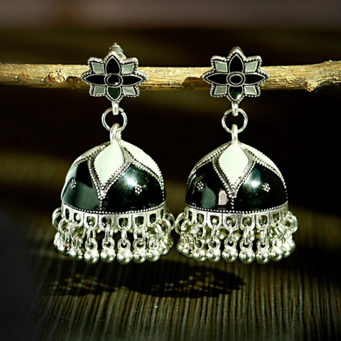 Bohemian Floral Jhumki with Silver Tassels (E905)