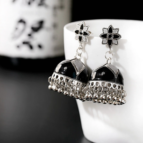 Bohemian Floral Jhumki with Silver Tassels (E905)