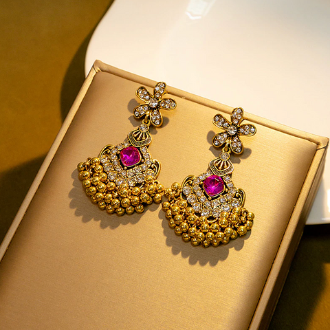 Golden Crystal Floral Earrings (E835)