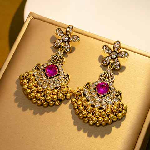 Golden Crystal Floral Earrings (E835)