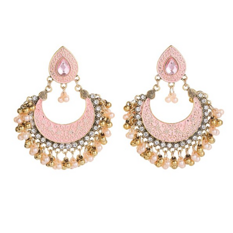 Golden Bohemian Chandbali Carved Floral Earrings with Pearls