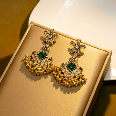 Golden Crystal Floral Earrings (E835)