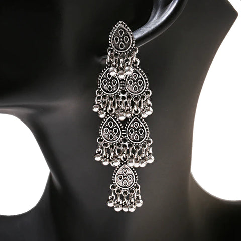 Long Dangle Oxidized Water Drop Beads Earrings (E911)