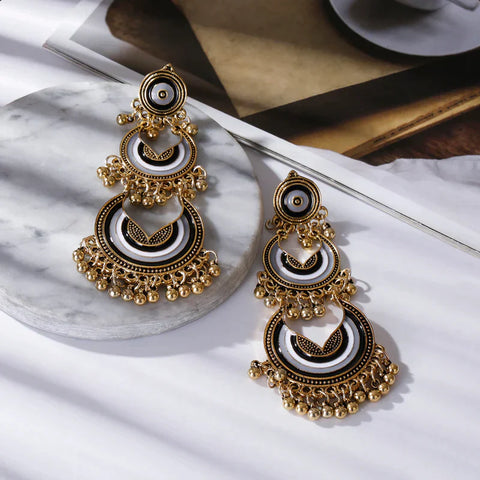 Long Dangle Circular Golden Beads Earrings (E836)