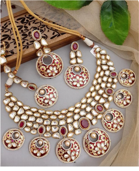 Designer Gold Plated Royal Kundan & Ruby Necklace with Earrings (D376)