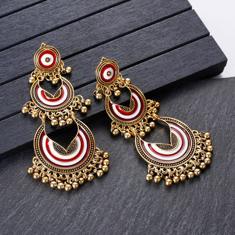 Long Dangle Circular Golden Beads Earrings (E836)