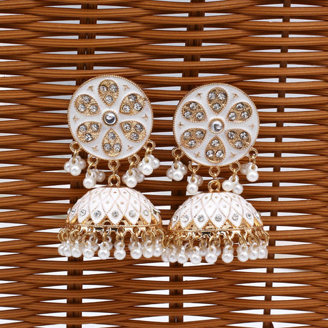 Traditional White Golden Jhumki with Pearls & Crystals