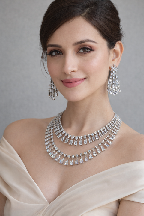 Semi-Precious American Diamond Silver Plated Necklace with Earrings (D1020)