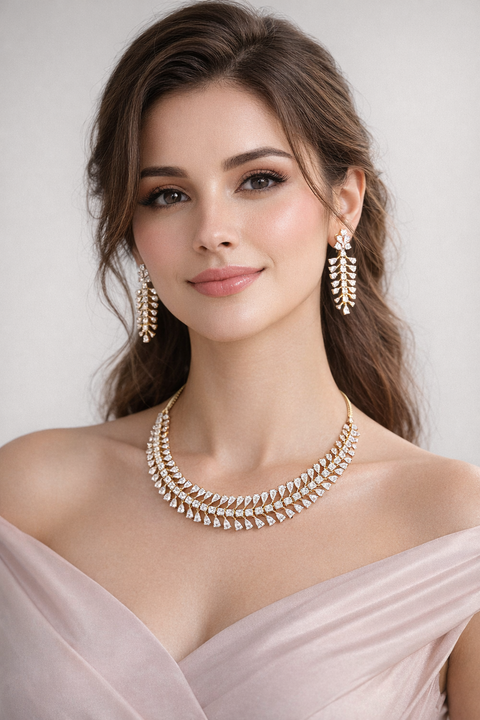 Semi-Precious American Diamond Silver Plated Necklace with Earrings (D1026)