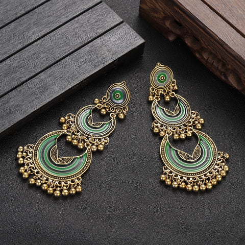 Long Dangle Circular Golden Beads Earrings (E836)