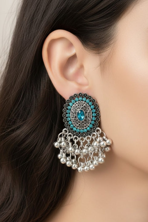 Silver Blue Crystal Tassel Stud Earrings (E895)