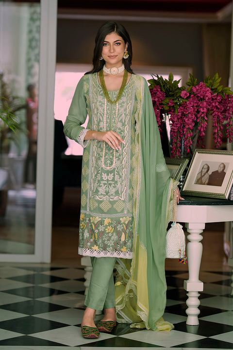 Designer Light Green Color Readymade Party Wear Suits Pant & Dupatta in Organza For Women (D1020)