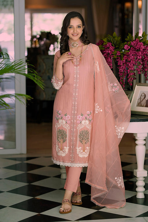 Designer Peach Color Readymade Party Wear Suits Pant & Dupatta in Organza For Women (D1019)