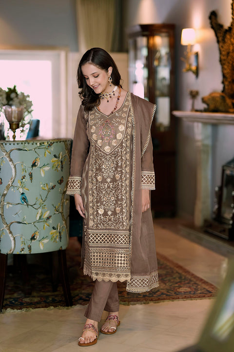 Designer Brown Color Readymade Party Wear Suits Pant & Dupatta in Organza For Women (D1022)