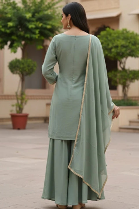 Pastel Green Colour Georgette Sequins Cutdana Work Embroidery Suit & Palazzo With Dupatta (D1863)