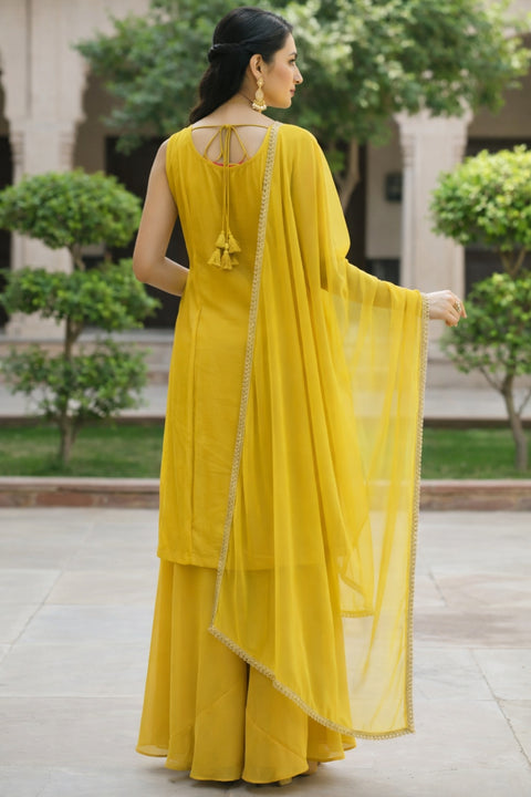 Yellow Colour Chinon Silk Sequins Cutdana Work Embroidery Suit & Palazzo With Dupatta (D1866)