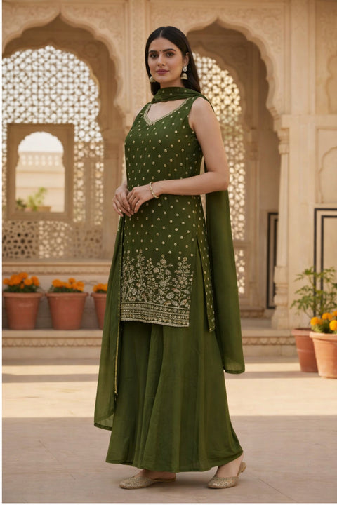 Elegant Green Colour Chinon Silk Sequins Cutdana Work Embroidery Suit & Palazzo With Dupatta (D1884)