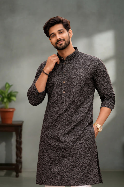 Men's Designer Grey Color Cotton Kurta (D151)